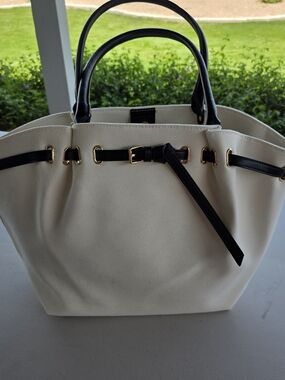 Anthropologie Cream Canvas Tote with Black Trim and Gold Hardware